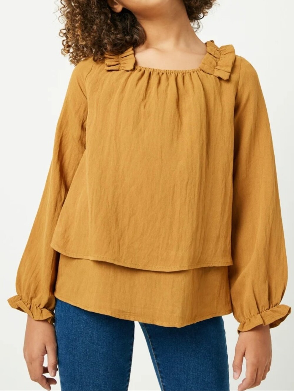 Hayden Girl's Gold Mustard Yellow Boho Chic Ruffle Layered Long Sleeve Blouse